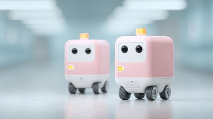Two adorable, pastel-colored robots explore a minimalist, futuristic hallway. Their design merges simplicity with functionality, exuding friendliness and technological innovation.