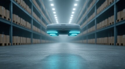A sleek, futuristic drone navigates the aisles of a large, well-organized warehouse, embodying the future of logistics and automation.