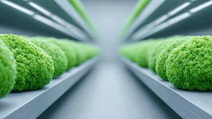 A symmetrical composition showcases meticulously arranged rows of vibrant green spheres set against a cool, futuristic background.