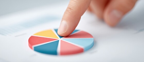 An elegant hand precisely points at a vibrant section of a colorful pie chart, which symbolizes data analysis, business planning, and financial forecasting.