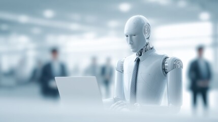A modern AI robot is diligently working on a laptop, deep in thought in a modern office, blurring the line between man and machine.