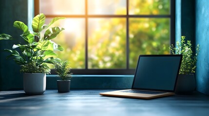 Fototapeta premium Indoor workspace with a laptop and potted green plants near a large window with sunlight streaming in, creating a calming and productive environment
