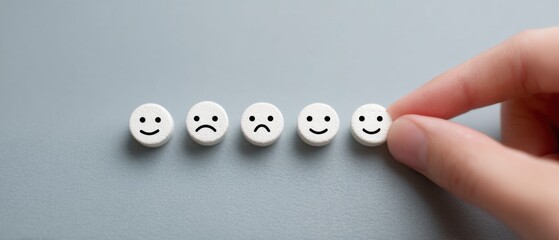 A hand carefully selects a happy face from a row of varying emotion, symbolizing choice, decision-making, and control.
