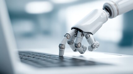 A futuristic robotic hand interacts seamlessly with a modern laptop, embodying technological advancement and the integration of artificial intelligence.