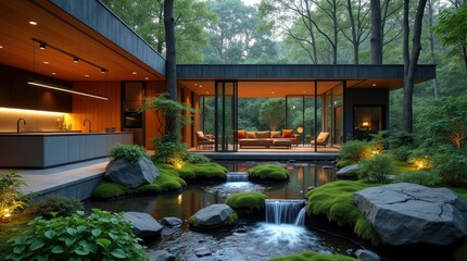 house in the forest with a view of the flowing Kesil River
