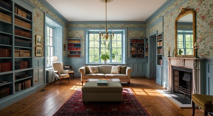 Elegant library room showcasing wainscot wall paneling, bookshelves, and natural light
