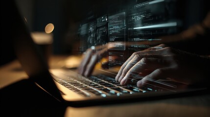 Hands Typing on Laptop with Data Overlay for Cybersecurity