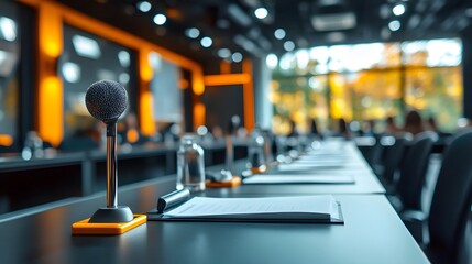 Conference room with a microphone on a table, ready for a presentation, workshop, or speech in a modern, well-lit workspace with seated attendees