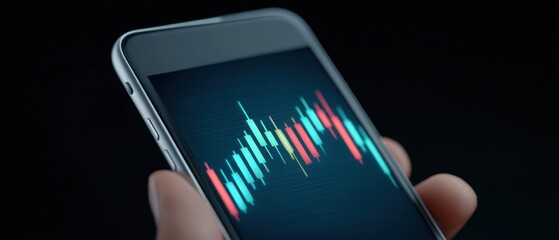 A person analyses financial market data on a smartphone, revealing a detailed chart of candlestick patterns. This image is a symbol of modern technology and financial trends.