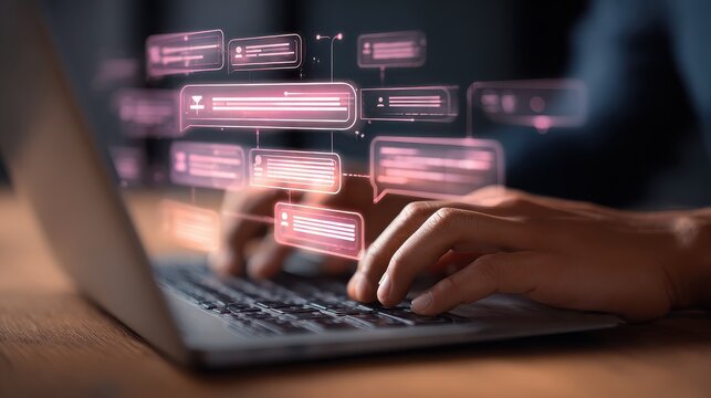 Hands Typing on Laptop with Glowing Chat Bubbles, Communication Concept