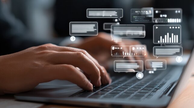 Hands typing on laptop with data visualization, communication technology - Powered by Adobe