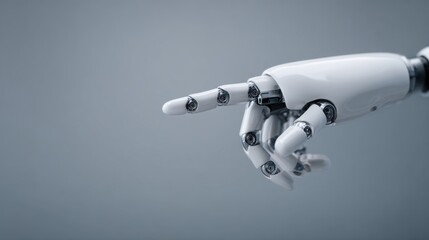 A close-up view of a pristine robotic hand, its sleek form pointing forward, a futuristic representation of technological advancement, innovation, and the evolution of artificial intelligence.