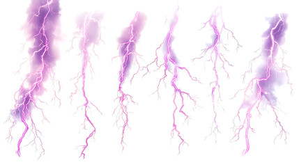 Fototapeta premium Vibrant purple lightning bolts striking against a white background, ideal for graphic design