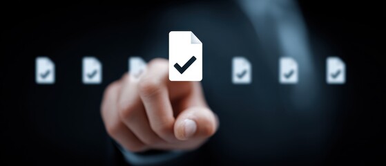 Digitally rendered hand interacts with a virtual document, signifying approval, verification, and completion in a futuristic digital interface.