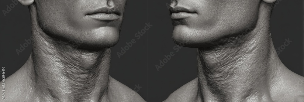 Poster jawline enhancement digital 3d render showcasing sculpted models before and after treatment in a cli