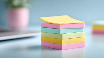 A vibrant stack of colorful sticky notes stands ready, their diverse hues a testament to organization and productivity, perfectly positioned against a soft background. 