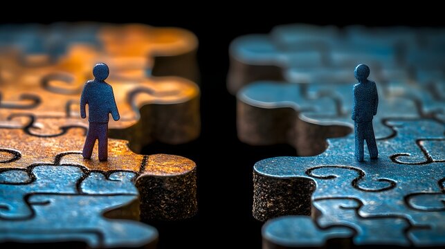 Miniature human figures standing on interconnected puzzle pieces representing connection, communication, or problem solving in a conceptual setting