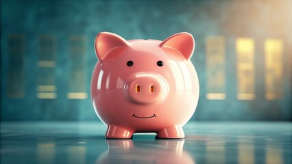 Piggy Bank Background Concept Piggy bank on a reflective surface, symbolizing savings and financial management.