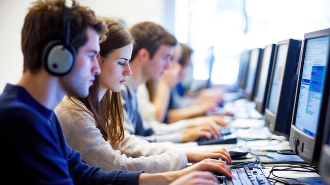 A group of students working on computers in a classroom setting.