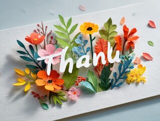 Colorful paper flowers and leaves form a thank you card