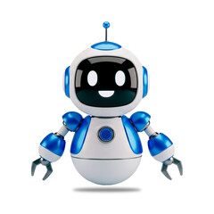 Cute friendly blue and white robot character with expressive eyes and articulated arms against a black background