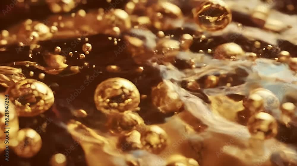 Poster mesmerizing golden spheres in dynamic fluid motion a 3d animation showcasing abstract gold liquid bu