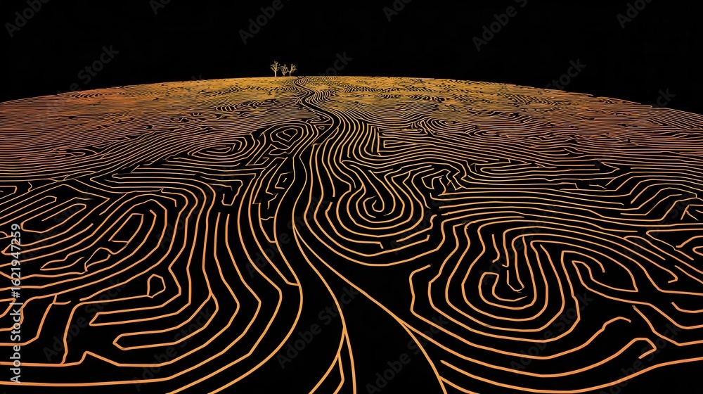 Poster intricate, winding lines form a complex maze pattern.
