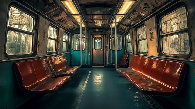 An interior vintage subway train, Subway with empty seats. Inside of a train carriage - Powered by Adobe