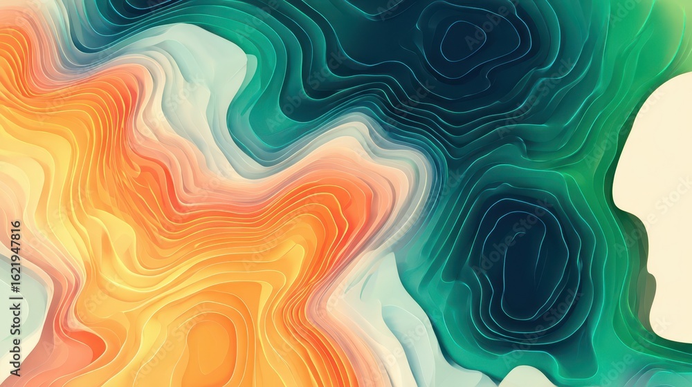 Poster colorful, layered abstract design with swirling patterns.