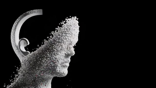 A digital ai head disintegrates into pixels representing artificial intelligence and the future of technology