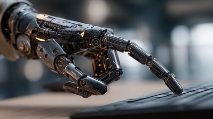 Robotic arm typing on keyboard, artificial intelligence and automation