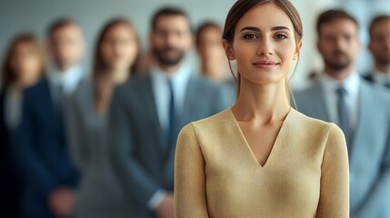 Obraz premium Confident young woman in professional attire standing in front of diverse corporate team in modern office environment