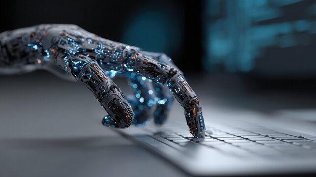 Robotic hand typing on a keyboard, artificial intelligence, future technology - Powered by Adobe