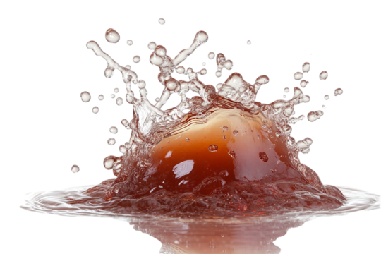 Dynamic splash of amber liquid with a round object breaking the surface isolated on transparent background