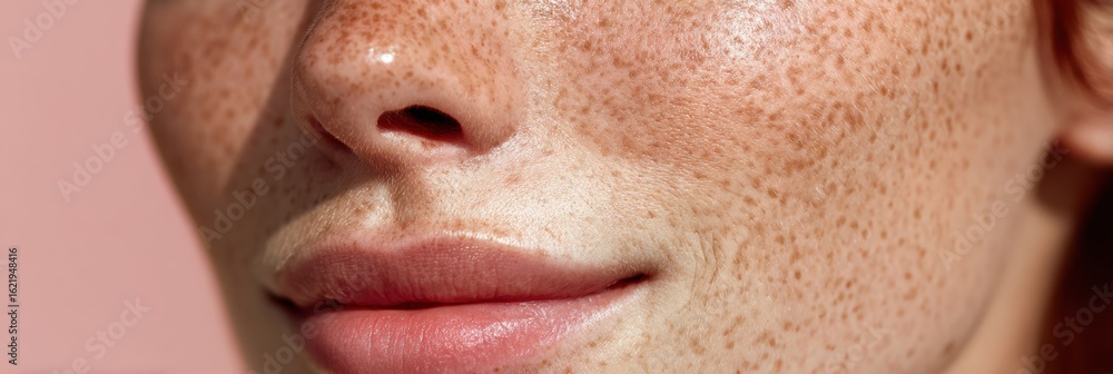 Poster close-up view of natural beauty showcasing freckles and smooth skin with a soft gradient background 