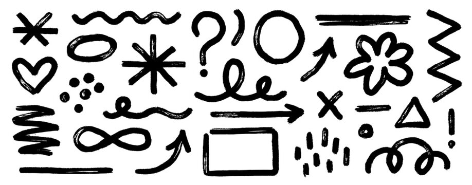 Arrow brush asterisk marker line shape set. Hand drawn brush stroke asterisk, arrow, squiggle shape with grunge texture. Abstract sketch paint elements for geometric background. Vector illustration