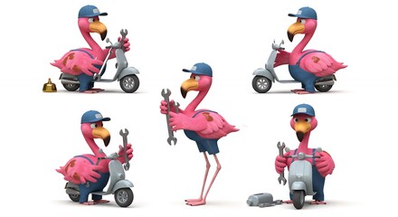 Flamingo mechanics fixing scooters illustration