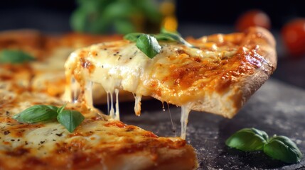 Delicious cheesy pizza slice with basil food