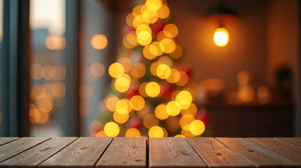 Close-up of empty wooden table with blurred Christmas tree lights in warm cozy home