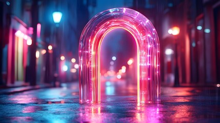 Obraz premium Futuristic neon-lit archway glowing with vibrant pink and purple lights on a rainy city street at night with bokeh effect