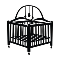 Silhouette illustration of a baby crib with bars and mobile hanging