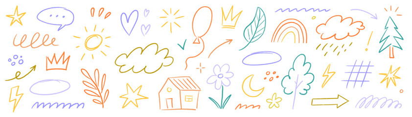 Kid crayon children flower, heart, cloud hand drawn chalk background. Hand drawn kid crayon color flower, heart, cloud shape set. Child pattern style cute line school icon shapes. Vector illustration