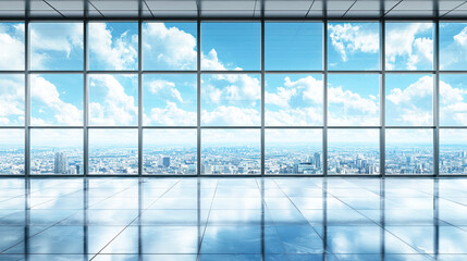 A spacious, modern office with a large glass window showcasing a cityscape and a blue sky with fluffy white clouds.