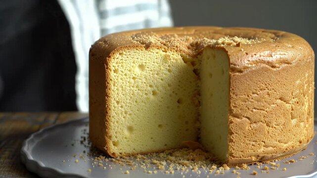 Close Up of Golden Genoise Cake Sprinkled with Crumbs on Grey Plate Placed on Wooden Table Evoking Warmth Perfect for Bakery Promotion and Showcasing Baking Art and Simple Dessert Pleasures