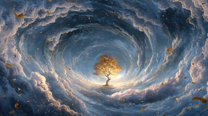 Dreamy landscape with tree clouds and swirling sky illustration