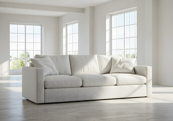 Fototapeta premium Modern beige sofa in bright interior