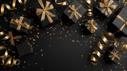 Black friday gifts luxury presents with golden ribbon and confetti