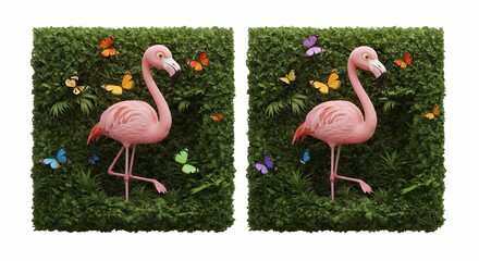 Pink flamingo decorations on green grass background