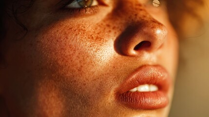 Sunlight Highlights Dewy Skin With Bokeh Effect Featuring Glowing Complexion and Warm Tones, Ideal for Inspirational Quotes or Messages