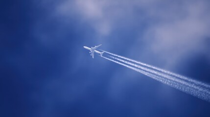 Commercial airplane soaring through clear blue sky with distinct white contrails, serene backdrop, transitioning hues, soft wispy clouds, and a sense of steady motion.